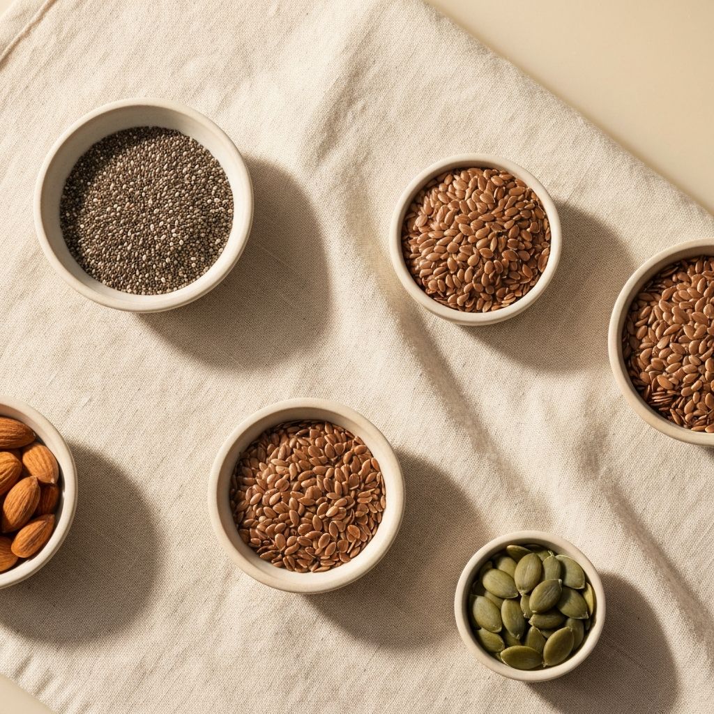 Various natural seeds in bowls